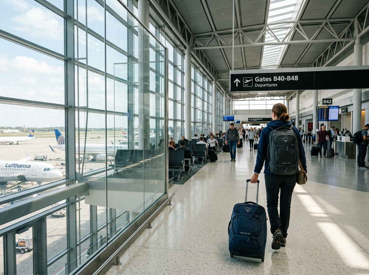 Traveler with luggage in airport