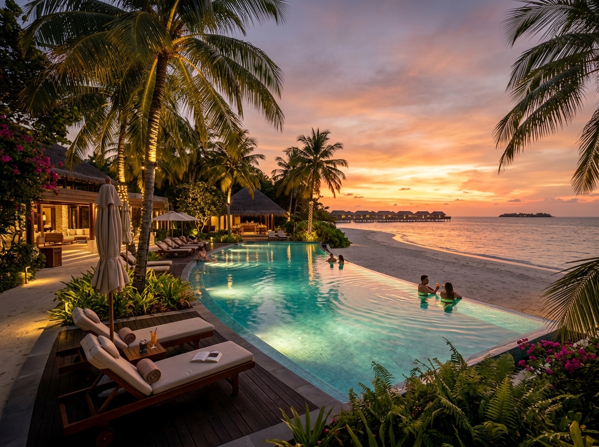 Resort swimming pool with palm trees